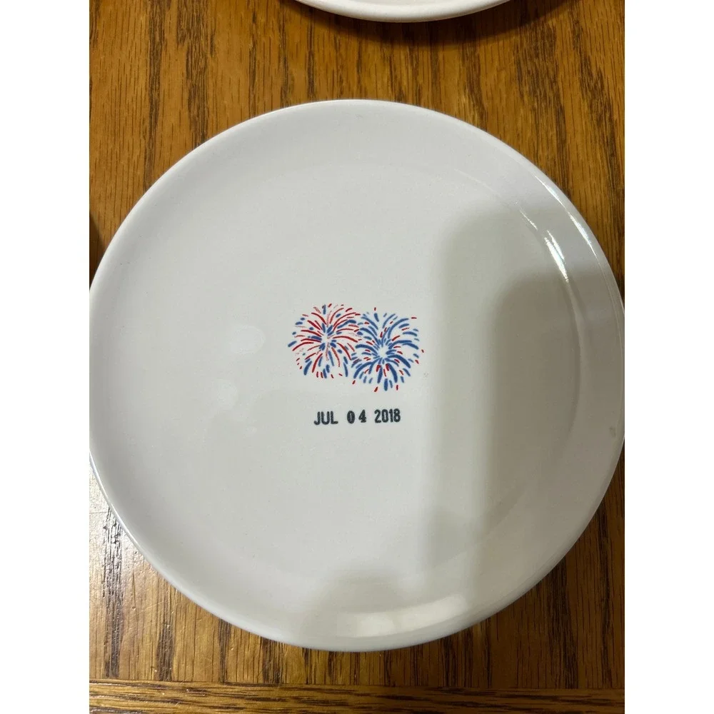 Rae Dunn White Dessert Plates with Red, Blue & Gold Patriotic Motifs - Set of 4